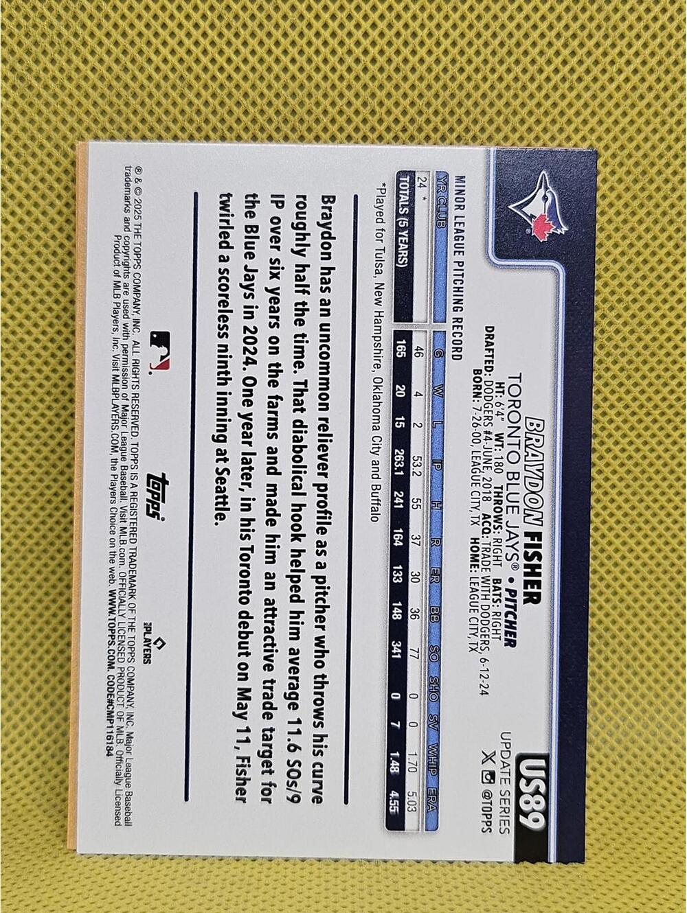 2025 Topps Update #US89 - Braydon Fisher  - Blue Jays - Rookie Card - Picture 2 of 2